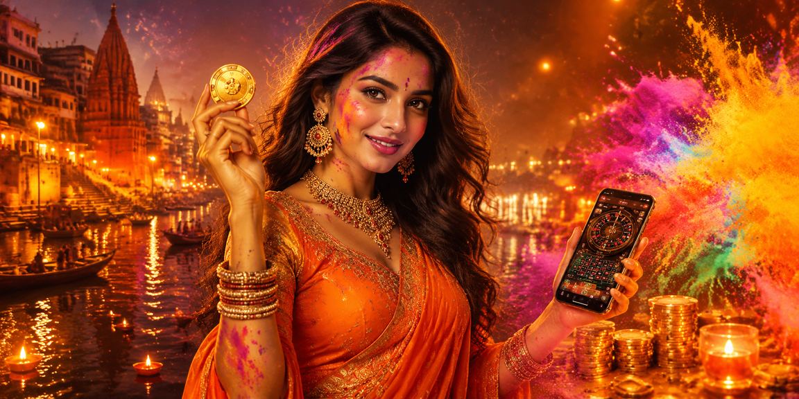 Varanasi ghat featuring mobile casino during Holi festival