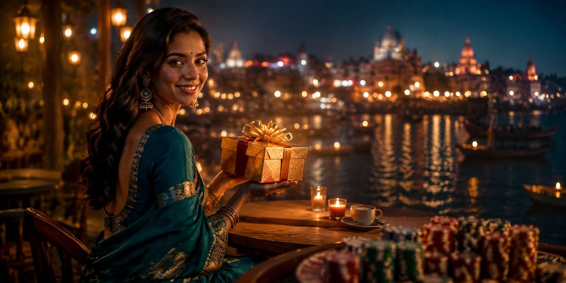 Varanasi Ghat with sports betting theme and saree fashion